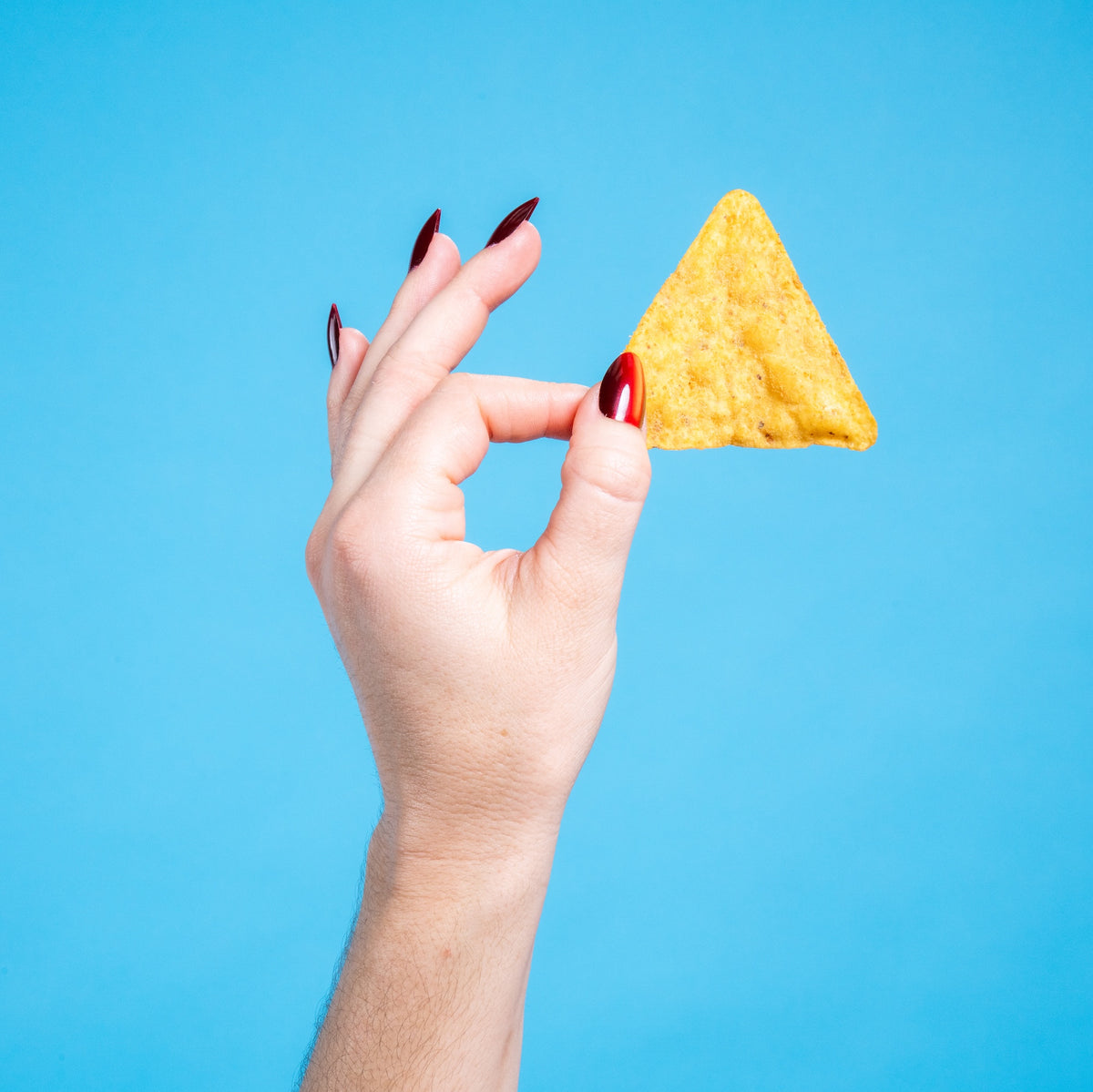 Hand holding a single Sarang tortilla chip against a blue background