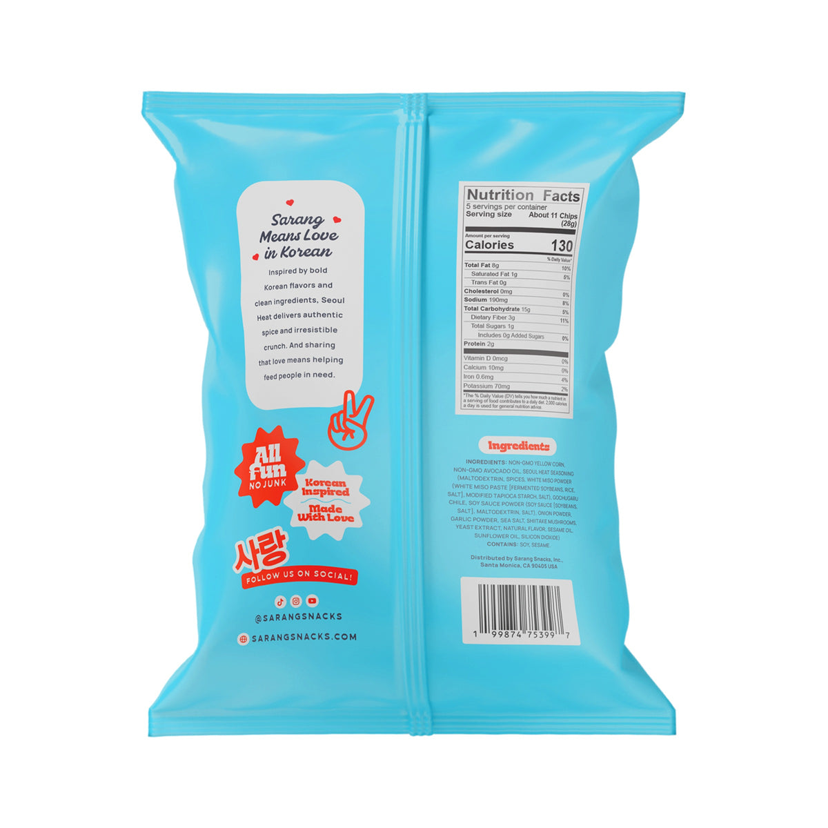 Back of the Sarang Seoul Heat bag with Nutrition Facts and ingredients