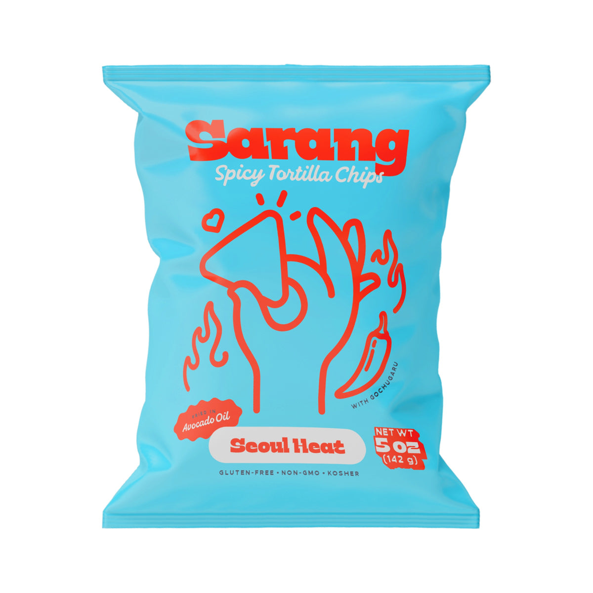 Sarang Seoul Heat spicy tortilla chips bag, front