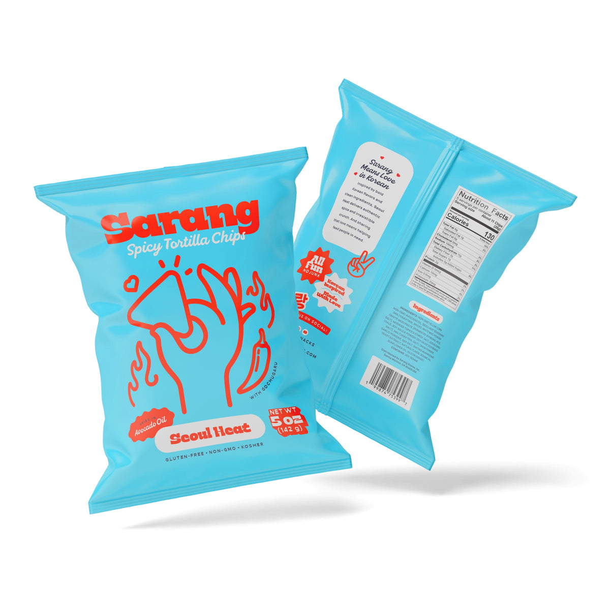 Two bags of Sarang Seoul Heat spicy tortilla chips, front and back